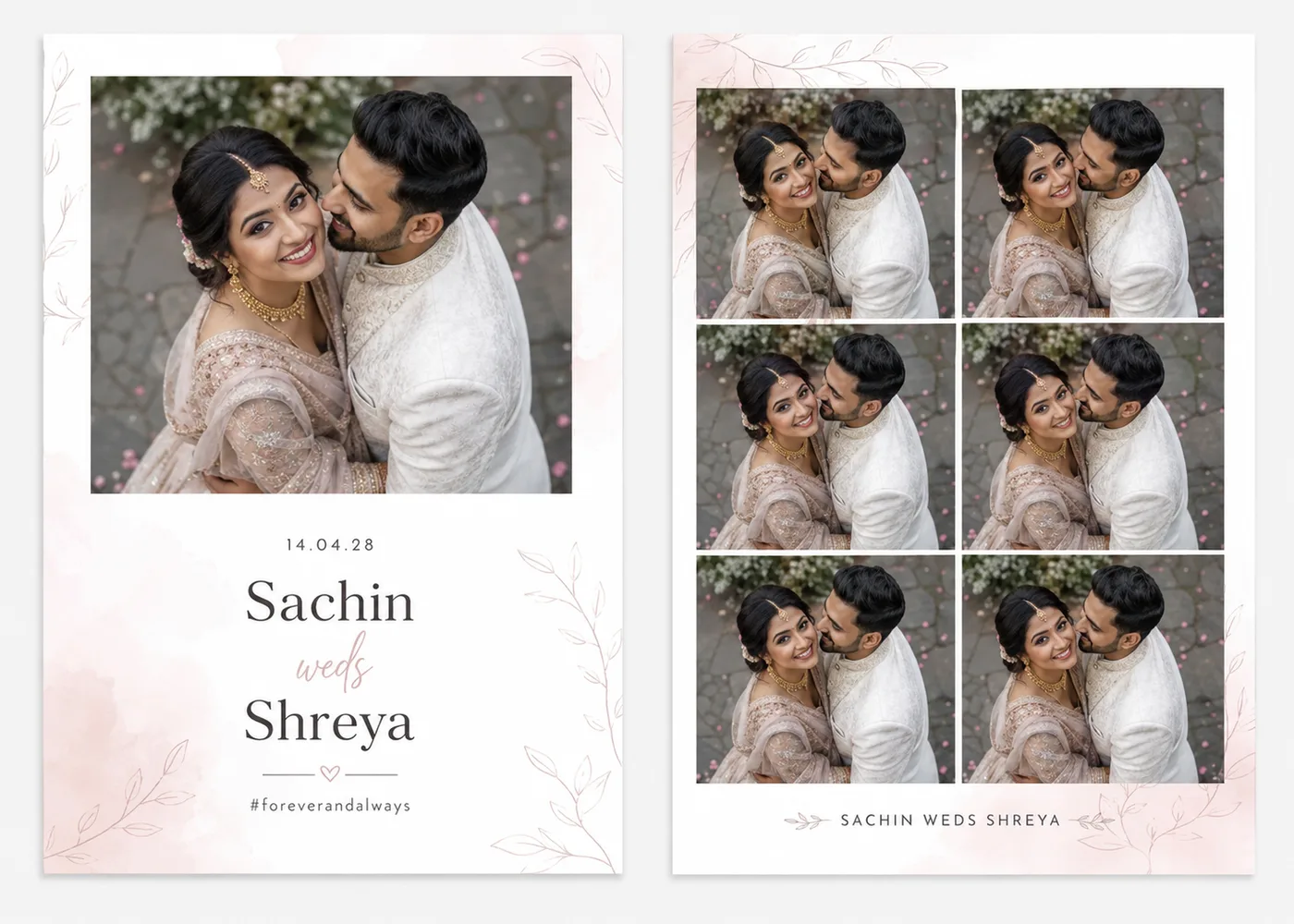 Wedding photobooth template with the couple's names and date in a blush watercolour design