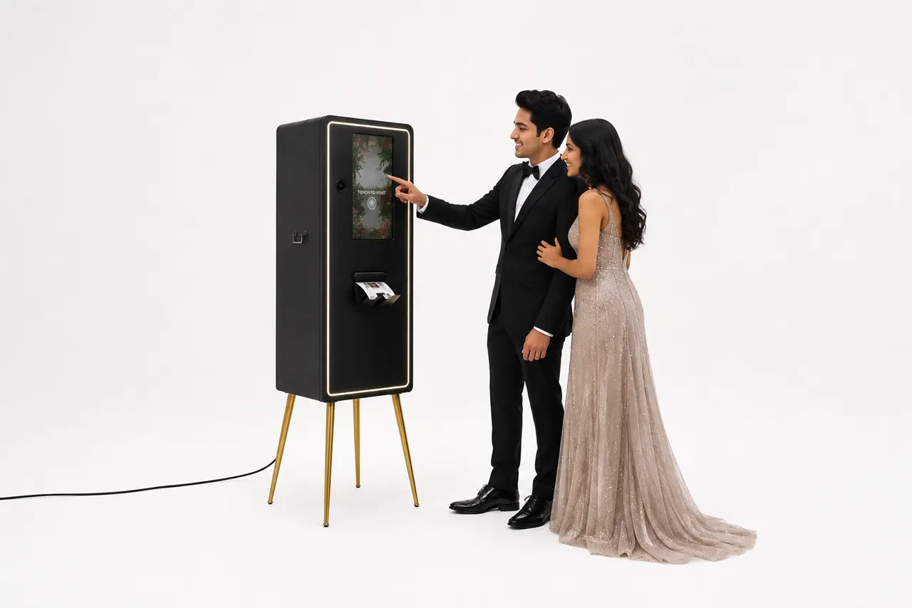 Couple in formal wear beside a KumaBooth wedding photo booth in Bangalore